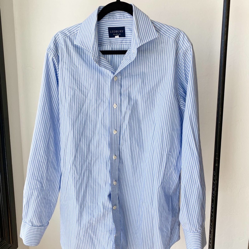 LEDBURY Men's White/Blue Cotton Striped Long Sleeve Dress Shirt sz 17"/43cm